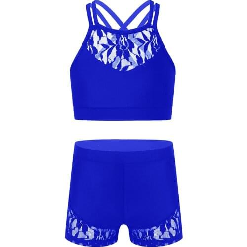 Kids Girls Child Dance Sets Gymnastics & Dancewear Outfit Lace Halter Neck Sleeveless Tanks Crop Top with Shorts Summer Clothes