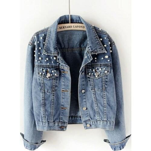 Denim Jacket Women New Autumn Womens Jean Jackets Pearl Casual Denim Jacket 2021 Womens Coat Long Sleeve Loose Outerwear OK537