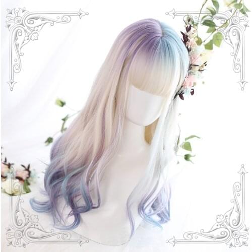 Gradual Blue Purple Beige Kawaii Lolita Wig Harajuku Long Curly Hair Mixed Body Wave Adult Chic Girls Women Cosplay Daily Wear
