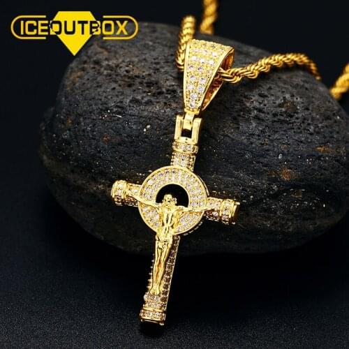 ICEOUTBOX Religious Crucifix Jesus Pendant Cubic Zircon Mens Hip hop Cross Necklace Rock Jewelry Gift Gold Silver Color Copper