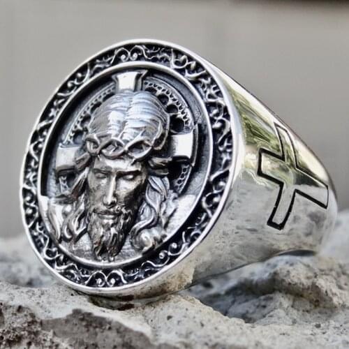 Vintage Silver Color Jesus Cross Rings for Men Women Punk Rock Christian Jesus Band Biker Ring Fashion Religious Belief Jewelry