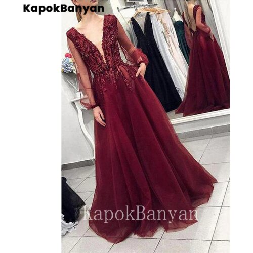 Lace Applique V-neck Backless Long Tulle Sleeves A-line Prom Dresses Sweep Train Party Gown