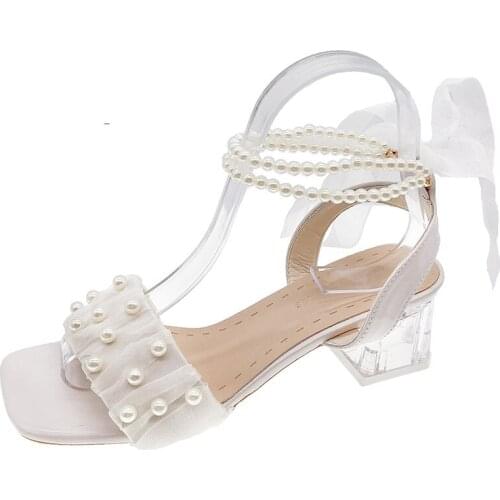 Summer fashion wedge thick heel shoes with ribbon and Pearl, womens high-heeled shoes with bow and crystal