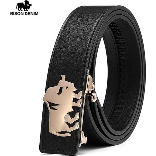BISON DENIM Genuine Cow Leather Belt for Male Alloy Automatic Buckle Luxury Cowskin Leahter Strap Men Belt High Quality N71516