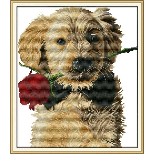 Joy Sunday New Animal Crossstitch Kit Dog And Rose Needlework 11&14CT DIY Handmade Embroidery Kit Home Decor Wall Painting &Gift