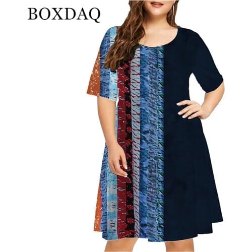 New 2021 Summer Women Bohemian Flower Print Dress Casual Short Sleeve Loose Dress Vintage Ladies 3D Striped Mini Dress Plus Size