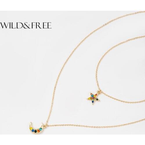 Wild&Free Cute Little Moon & Star Pendant Necklace For Women Colorful Crystal Stone Multilayer Necklace Party Wedding Jewelry