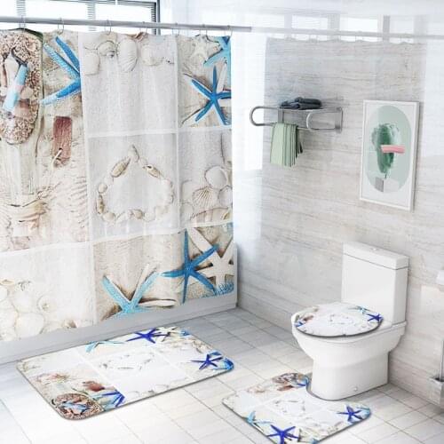 Beach Shell Resort Style Pattern Waterproof Shower Curtain Set Pedestal Rug Toilet Cover Bath Mat Bathroom Decor with 12 Hooks