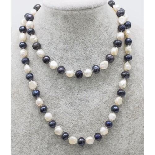 Freshwater pearl white baroque and black near round necklace 30inch FPPJ wholesale beads nature