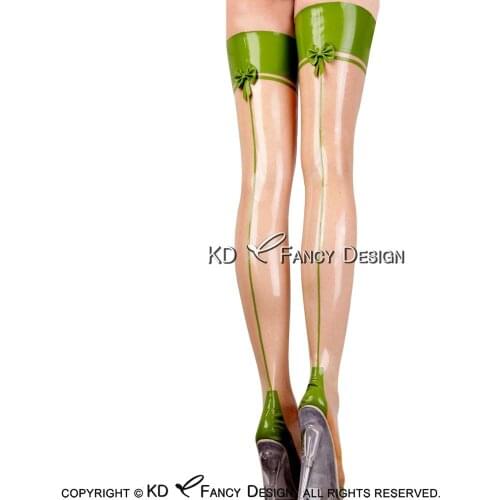 Transparent And Apple Green Trim Sexy Long Latex Stockings With Bows At Back Rubber Thigh High Stockings WZ-0033