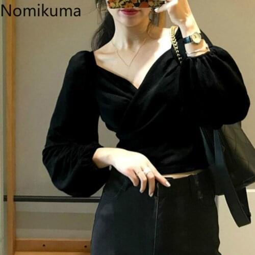 Nomikuma Autumn Korean Chic Retro Shirts Gold Velvet Elegant V-neck Pleated Lantern Sleeve Slim Waist Blouse Women Blusas 3d495