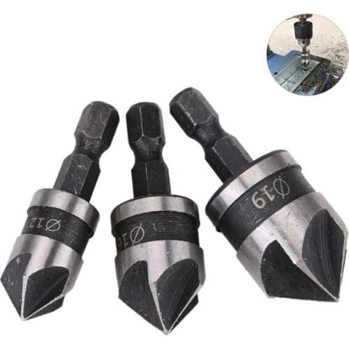 3pcs/set 90 Degree 1/4 Hex Drill Rod 5 Flute 12mm 16mm 19mm Wood Debur Sink Counter Bevel Chamfering Countersink