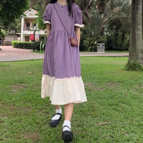Japan Style Patchwork Dress Woman O-Neck Puff Sleeve Midi Dress Female Student Kawaii Casual Womens Dresses Loose Dresses