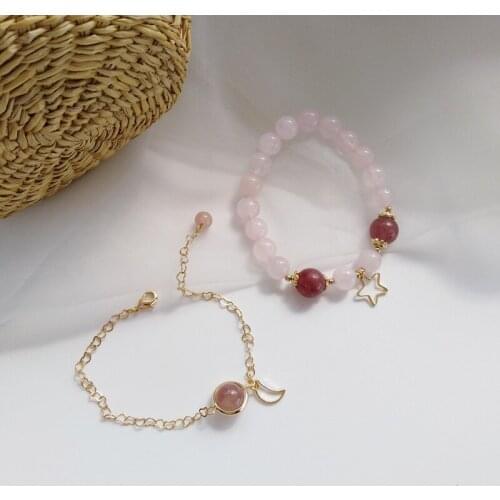 Pink Crystal Simple Personality Star Moon Bracelet For Women /Girl Temperament Gold Color Bracelet Party Fine Gifts Accessories