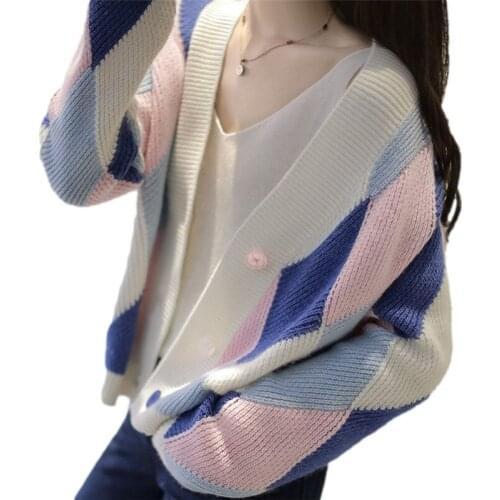 Korean Fashion Patchwork Knitted Sweater Women Cardigan Spring Autumn Loose V Neck Long Sleeve Knit Jacket Coat Female Knitwear