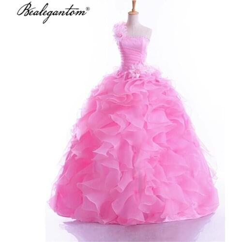 Bealegantom One Shoulder Pink Ball Gown Flowers Quinceanera Dresses Sweet 16 Debutante Masquerade Prom Party Gowns QD1301