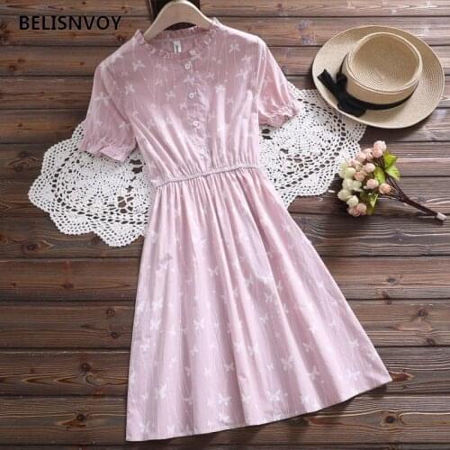 Sweet Dress Women Summer 2021 New Ruffled Collar Short Sleeve Blue Pink Kawaii Mini Dress Butterfly Printed Female Vestidos