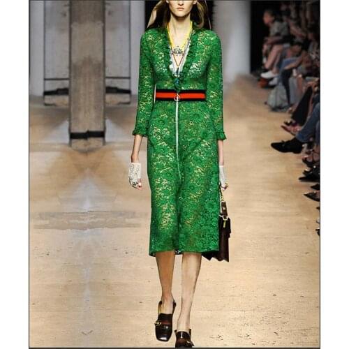 See Orange Runaway 2018 Fashion Show Spring Summer Dress Deep V- Neck Office Work Lady Green Lace Dress Women SO2020