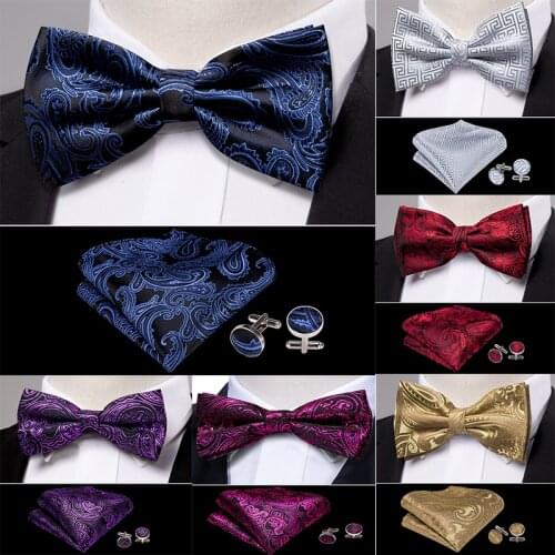 Blue Red Silk Mens Bowtie Set Paisley Butterfly Pre-Bow Tie Handkerchief Cufflinks Gift for Men Wedding Party Dress Barry.Wang
