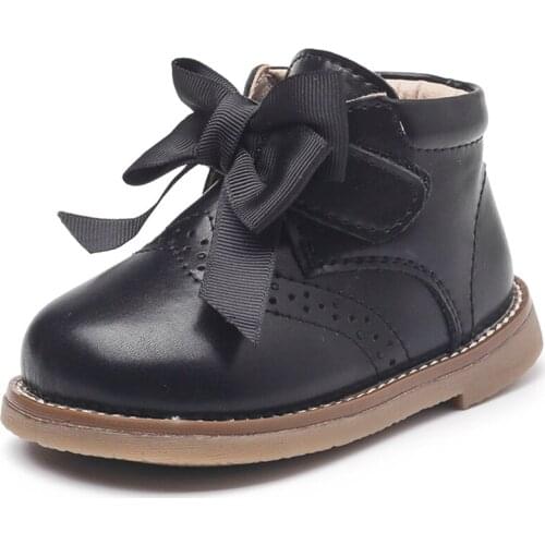 11.5-15.5cm Baby Genuine Leather Ankle Boots For Autumn Spring,Infant Girl Bowtie-knot Solid Brogue Flats Shoes For 0-3Y Todder