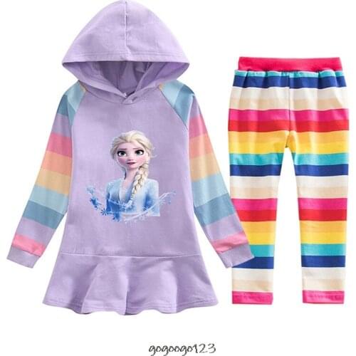 Disney Hoodie Dress Autumn Frozen Elsa Girls Kids Cartoon Rainbow Long Sleeve +Pants Children Kids Cotton Sweater Clothes