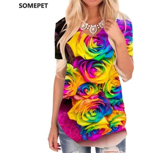 SOMEPET Colorful T Shirt Women Flowers T-shirts 3d Creativity V-neck Tshirt Art Tshirts Printed Womens Clothing Hip hop Cool