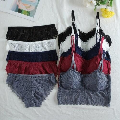 CHRLEISURE 2pcs Bra Sets Women Lace Underwear Set Panties&Bra Beauty Back Lingerie Wirefree Brassiere Female Bralette