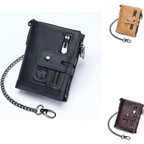 BULLCAPTAIN RFID Genuine Leather Men Wallet Coin Purse Small Mini Card Holder Chain Male Walet Pocket