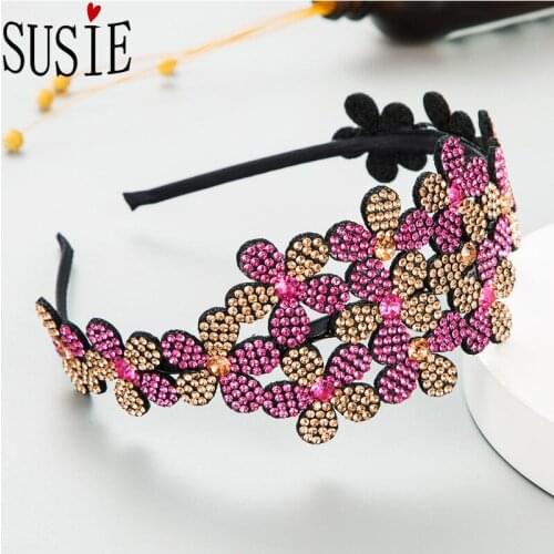 LOVE SUSIE Autumn Winter Women Headbands Flower Crystal Hairwear Fashion Rhinestone Hairbands Wide Brim Korean Style Hair Bands