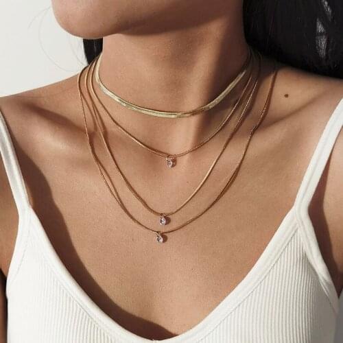 Trendy Multilayer Chains Crystal Charm Pendant Necklace for Women Vintage Temperament Geometric Clavicle Necklaces Jewelry