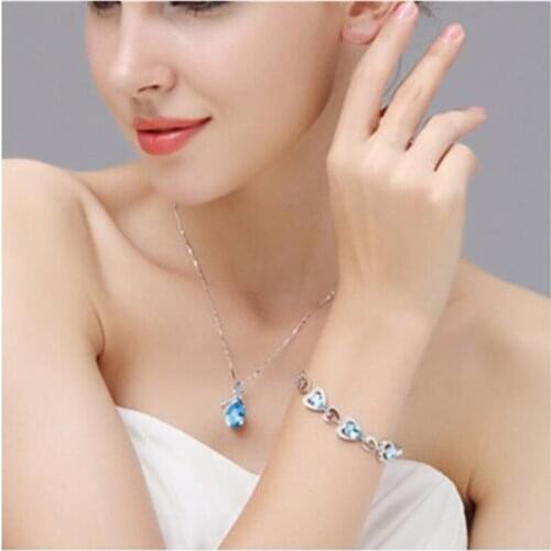 Trendy blue crystal stone water drop necklaces for women short chain alloy nickel free fj029