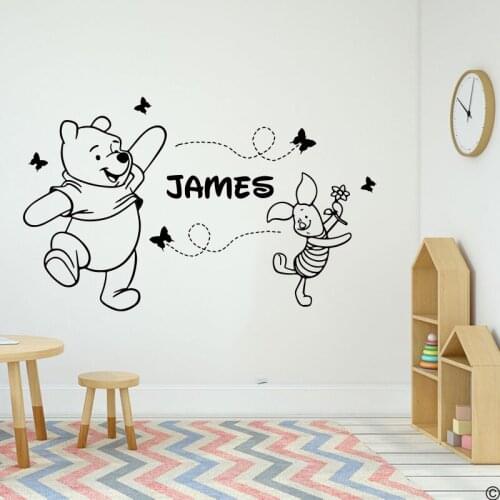 Cartoon Custom Name Win nie the Poo Wall Sticker Nursery Kids Personalize Name Wi nnie the Poo and Pigle Butterflies Decal