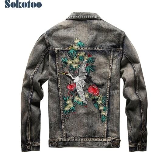 Sokotoo Mens crane embroidery long sleeve denim jacket Vintage gray blue slim embroidered coat Top outerwear