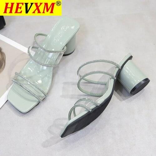 2021 Women Slides 7cm High Heels Transparent Mules Summer Female Crystal Green Sandals Lady Square Toe Low Heels Slippers Shoes