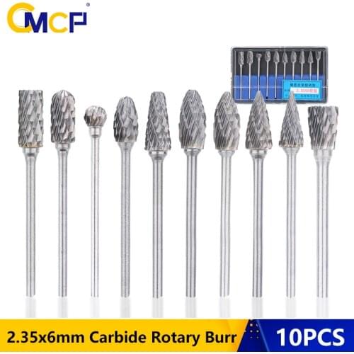 CMCP 10pcs Tungsten Carbide Rotary Burr Set 2.35x6mm Double Cut Rotary File Woodworking Milling Cutter Polishing Head