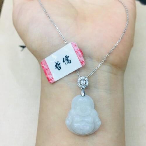 Natural Burmese Emerald jade carving ice bottom Buddha pendant with 925 sterling silver necklace Elegant lady jade clavicle chai