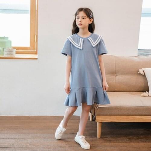 2021 New Teen Girl Dress Summer Short Sleeve Teenagers Dresses For Girls Party Kids School Clothing Blue Child Dress Above Knee
