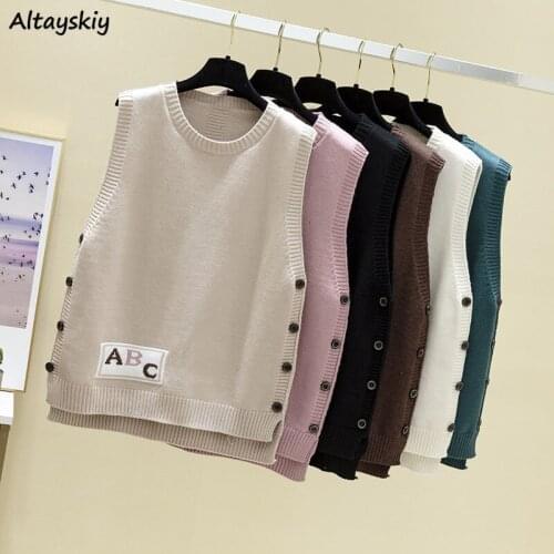 Autumn Women Sweater Vests Patchwork Side Buttons Fashionable Sleeveless Knit Top Korean Style Sweaters Large Size M-3XL Elegant