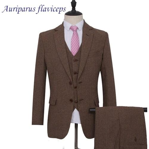 Brown Harringbone Man Suit Brown Tweed Wedding Suit 2 buttons Blazer for Groomsman Suit Tailor Groom Tuxedos Jacket+pants+vest