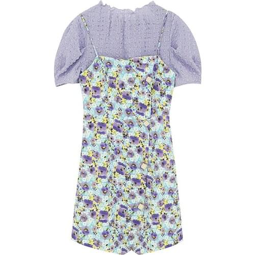 PERHAPS U Women Violet O-neck Top Mini Straped Dress Two Pieces Set Summer Floral Print Green T0430