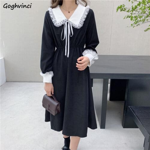 Long Sleeve Dress High Waist Womens Elegant Bow Peter Pan Collar Trendy Harajuku Korean Style Maxi Dresses Ladies Popular Party