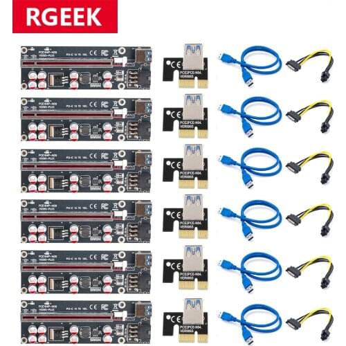 RGEEK 6pcs VER009S Plus PCI-E Riser Card 009S PCI Express PCIE 1X to 16X Extender 0.6M USB 3.0 Cable 6Pin Power for GPU Mining