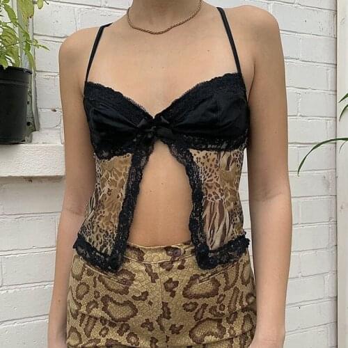 Animal Printed Camis Lace Bow Cute Tank Top Split Khaki Tank Top Spaghetti Strape Y2K Crop Top Women Party Clubwear