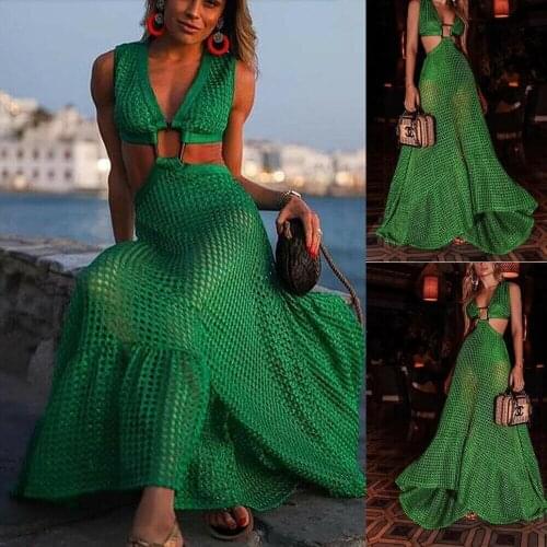 Sexy Women Beach Boho High Street Sleeveless Deep V neck Bra Backless See-through Fishnet Ruffles Long Sundress Evening Party
