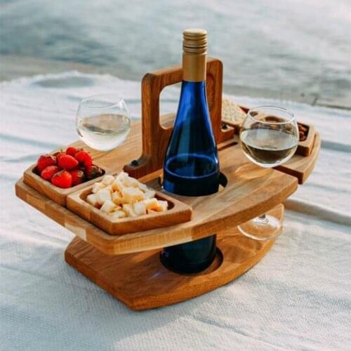 Detachable Wine Picnic Table Portable Mini Serving Platter with 4 Food Cell Wooden Wine & Goblet Holder for Travel Beach LBE