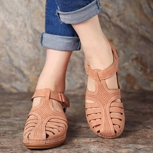 Outdoor Sandals Ladies Summer Comfortable Ankle Hollow Round Toe Sandals Soft Sole Shoes Large Size Beach Sole Shoes