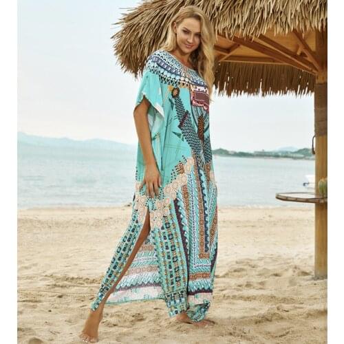 Bohemian Printed Kaftan Cotton Tunic Beach Cover up Saida de Praia Women Beachwear Bikini cover-ups Robe de plage Sarong