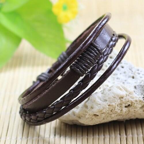 Vintage Handmade Multilayer Brown Leather Bracelet Sets Men Fashion Braiding Rope Wrap Bracelets & Bangles Male Gift J122