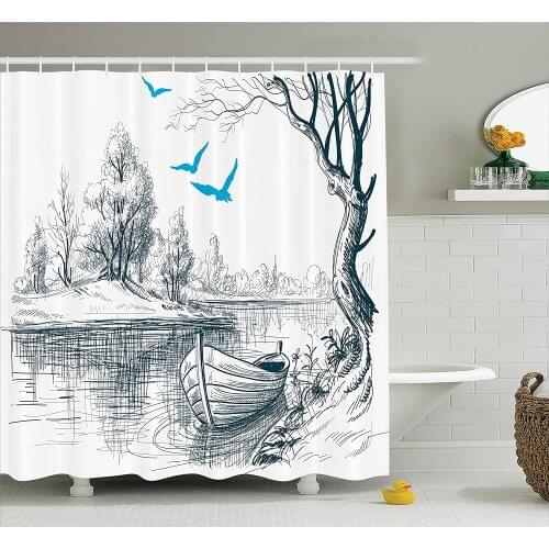 Lake House Shower Curtain Boat On Calm River Trees Birds Twigs Sketch Drawing Clipart Water Minimalistic Bathroom Decor Curtains