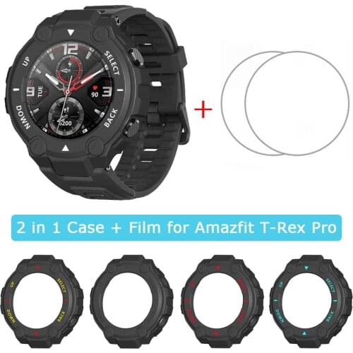 2 in 1 Protective Case Cover Bumper + Screen Protector Tempered Glass Film for Huami Amazfit T-REX Pro Smart Watch Accessories